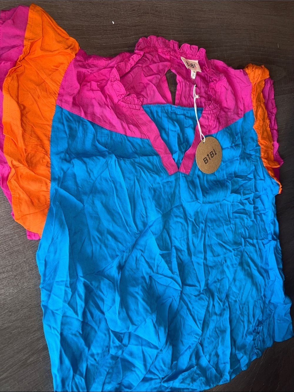 BiBi Colorblock Ruffle Sleeve Top NWT - XL - Picture 7 of 10